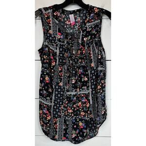 No Boundaries Black Sleeveless Floral Blouse Women's Size Large